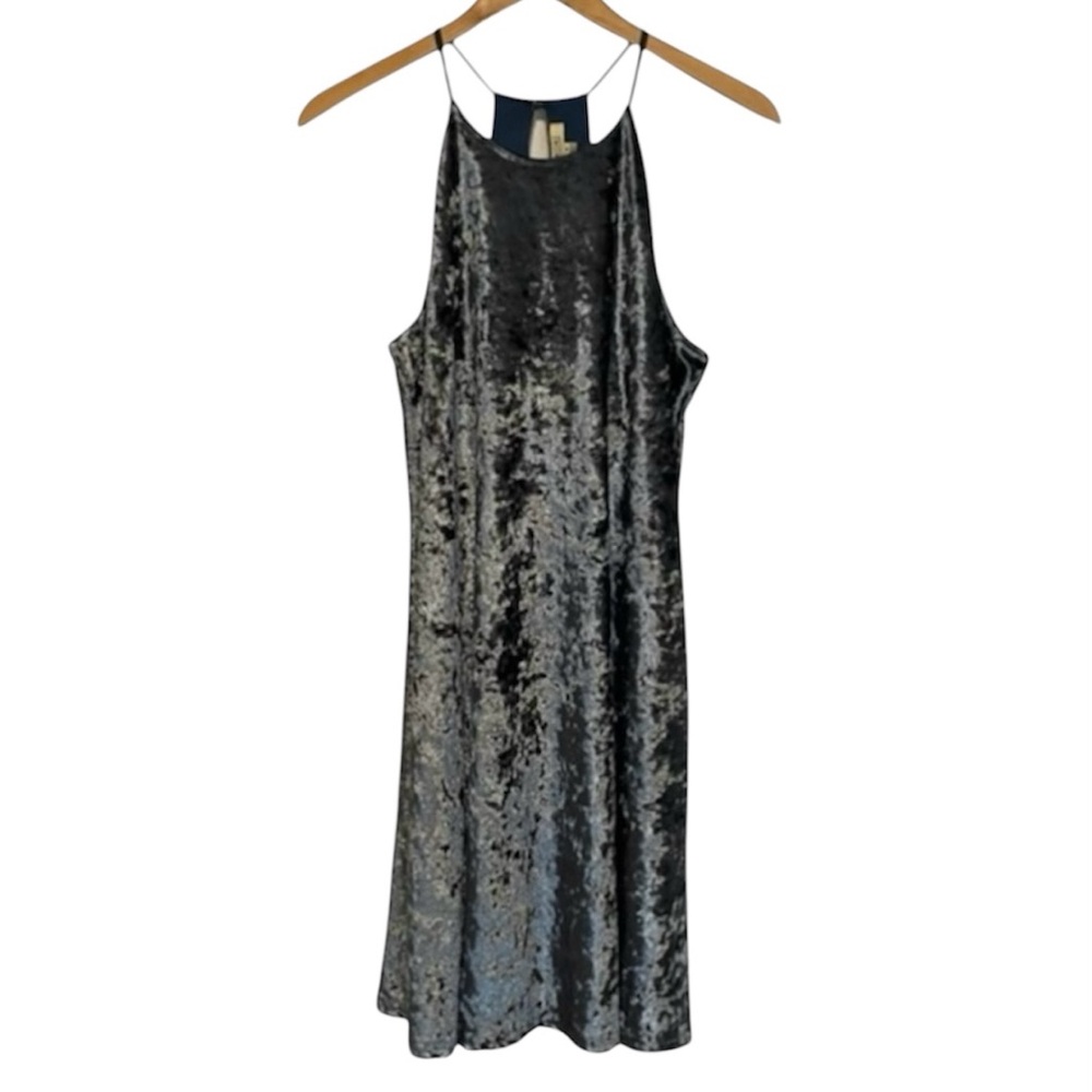 KORI 90’s Crushed Velvet Navy Blue Halter Mini Slip Dress Women's Size Small